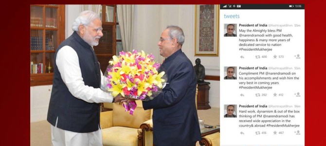 President Sri Pranab Mukharjee showers praises on PM Narendra Modi while wishing him on his birthday